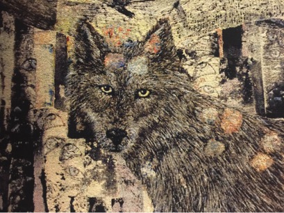 Multicoloured tapestry depicting wolf's head and upper body. The wolf looks towards the viewer