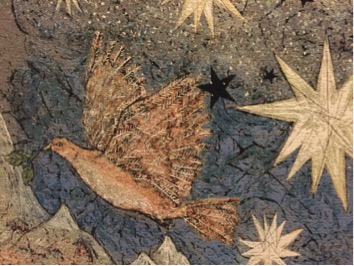 Tapestry of a pink, orange and grey dove flying in a starry sky