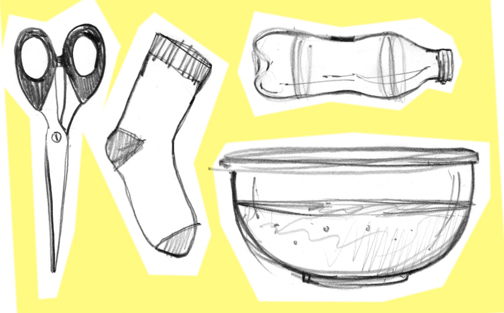 Line drawing of bowl, bottle, sock and scissors - the items you need to make a bubble snake