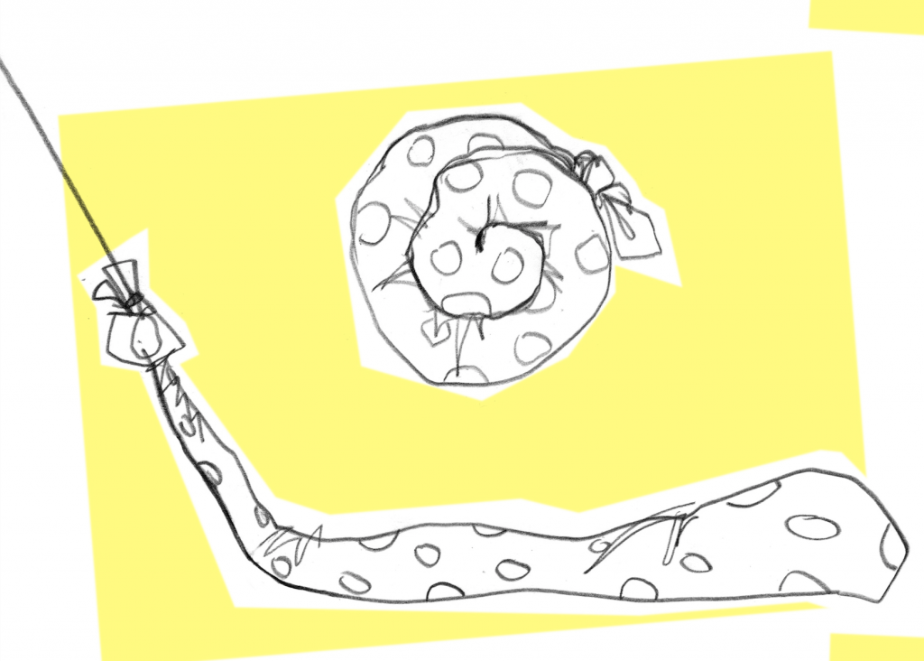 A line drawing on a yellow background of a curled up rice snake and a rice snake being pulled across the ground