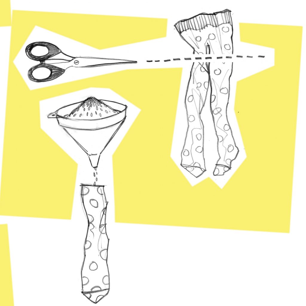 A line drawing on a yellow background of a pair of scissors cutting the legs off a pair of tights and using a funnel to pour rice into the cut off legs of the tights