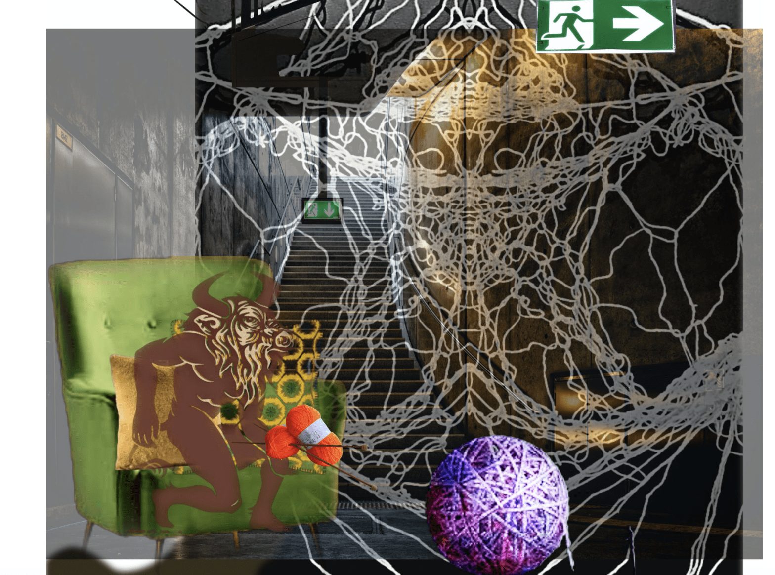 Layered collaged digital artworks featuring a cushioned green chair, a figure depicting a human with an Ox head, orange balls of wool and a large purple ball of yarn. There is an illustrative photograph of symmetrical wool double exposed over a photograph of stairs with an exit sign.