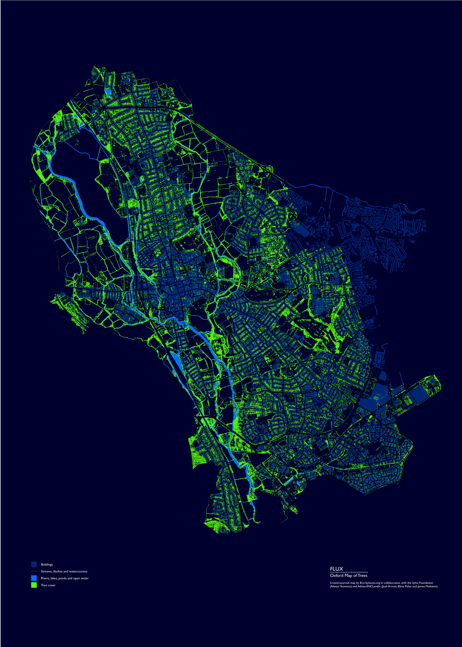 A dark blue line map of Oxford with locations highlighted in different tones of blue and bright green to illustrate areas with Trees.