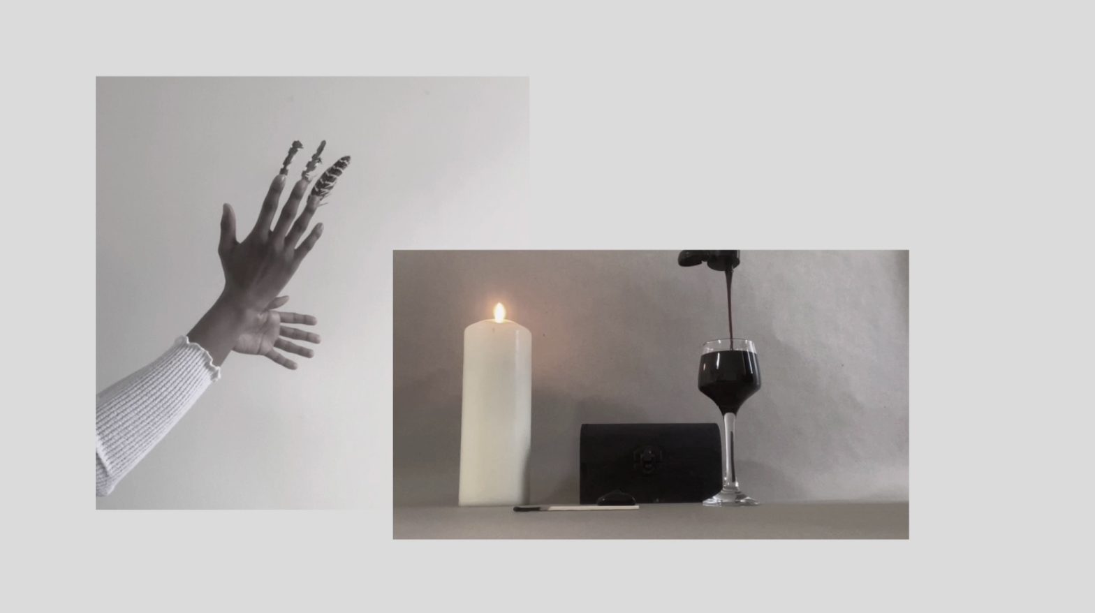 Two photographs on a white background. One shows a pair of hands with feathers attached to several fingers like long nails. The second shows a lit candle, a long match, and a wine glass filled with a dark liquid being poured vertically from above.