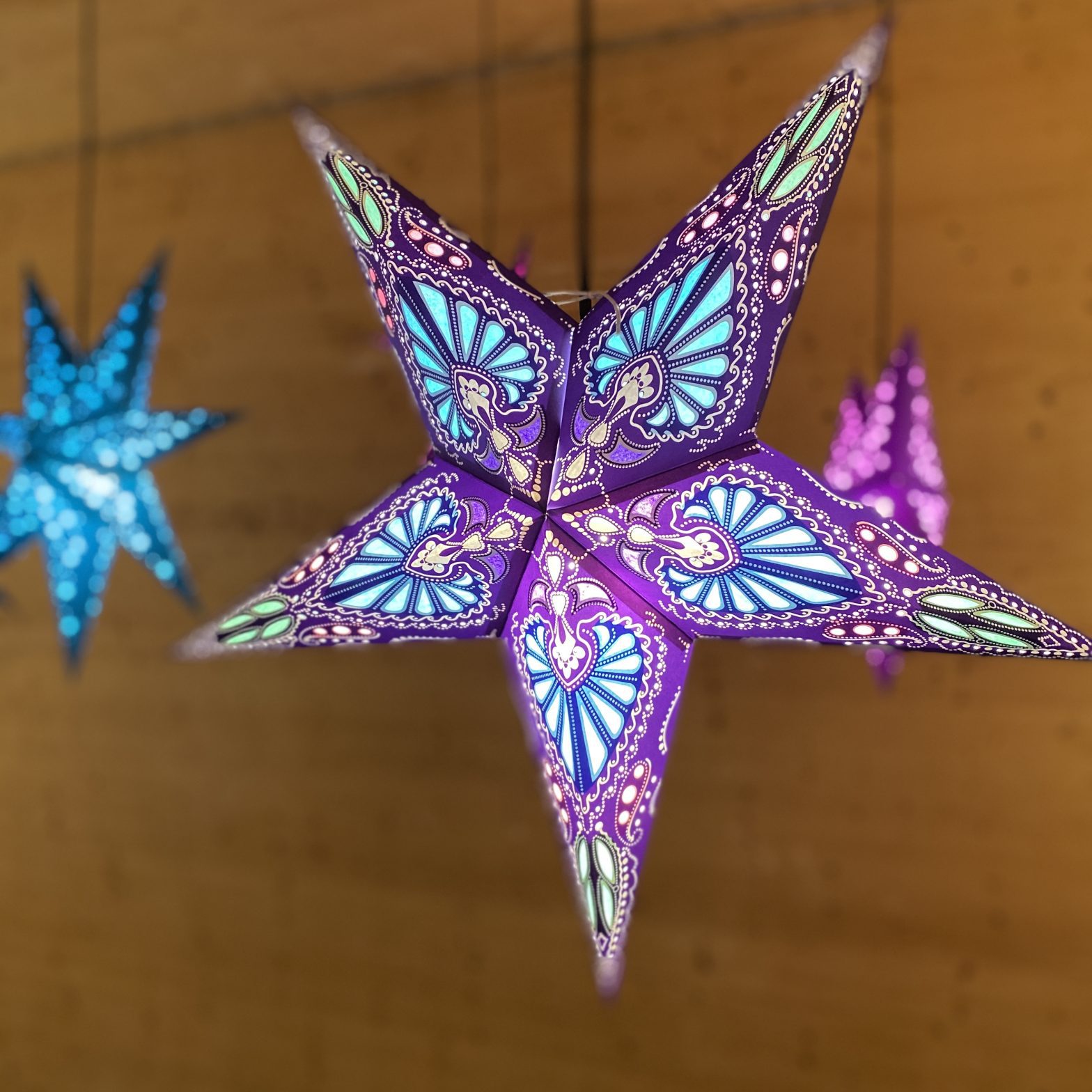Purple and blue star decorations.