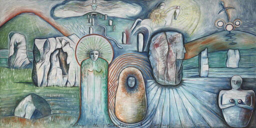 An abstract figurative painting depicting stones on a hill in a blue, green and grey.