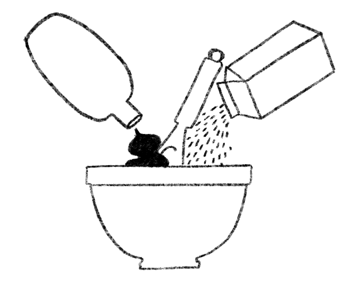 Black and white illustration depicting baby lotion and cornflour being poured into a mixing bowl.