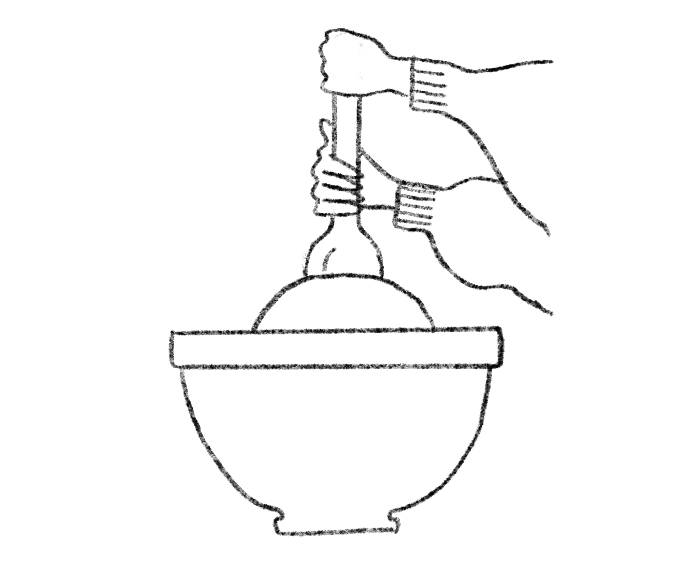 Black and white illustration of hands trying to mix dough with a spoon in a bowl.