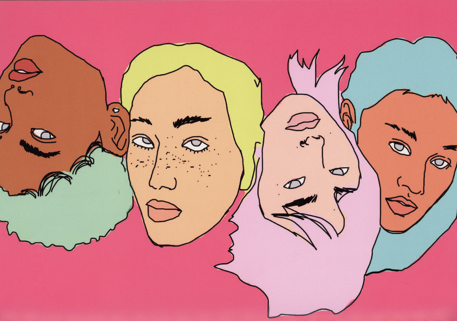 A digital illustration depicting four female faces with pink, blue, yellow and turquoise hair. They are of differing ethnicities. The background is hot pink.