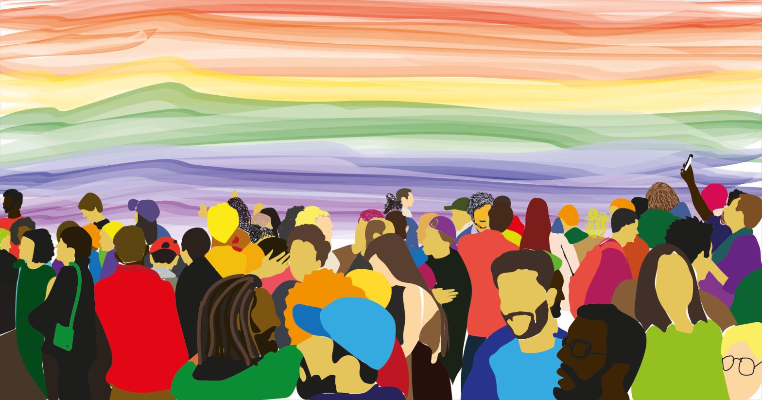 A colourful illustration of a crowd of people interacting with each other. The sky is rainbow coloured strips of paint.