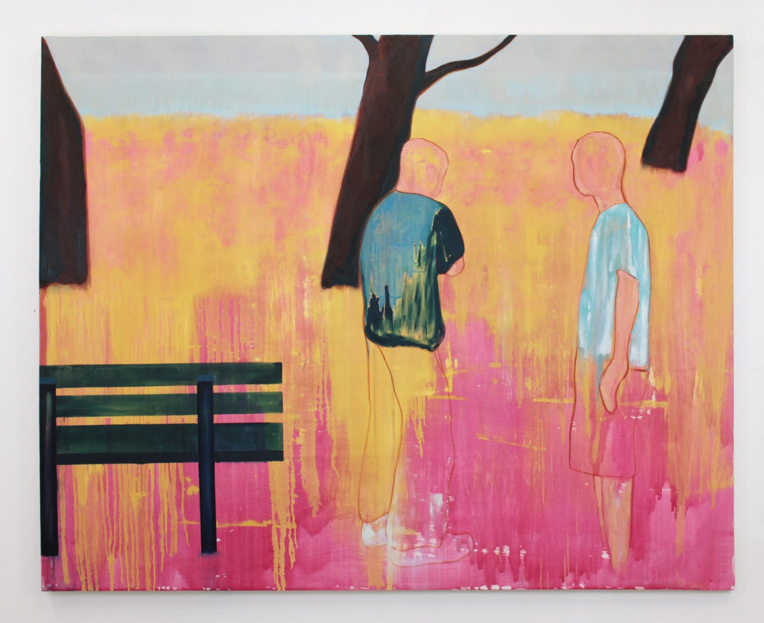 A painting of two figures standing next to a bench and in front of 3 trees, and whose lower legs disappear behind the pink and yellow grass growing around them