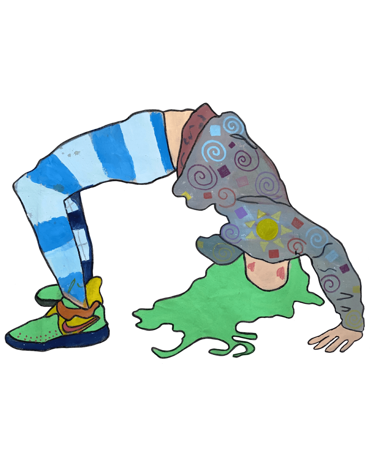 Painted image of a child with bright green hair, wearing a grey jumper and stripy blue trousers bending over in a crab position.