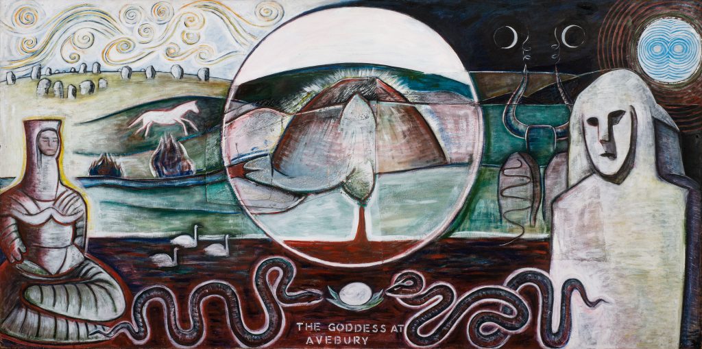 Painting by Monica Sjöö showing snakes in a river of menstrual blood, a white horse, standing stones and other signs and symbols.