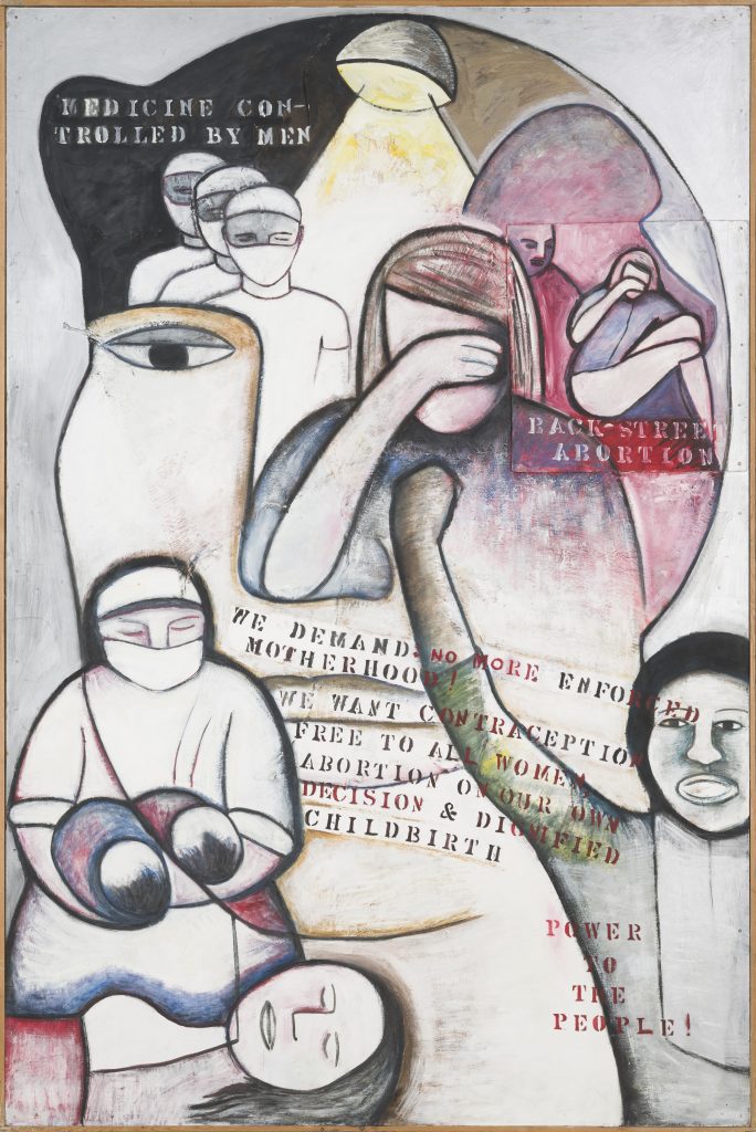 Painting by Monica Sjöö showing a woman crying whilst receiving a back street abortion, whilst in the bottom right corner another figure raises a fist, demanding an end to the abortion ban.