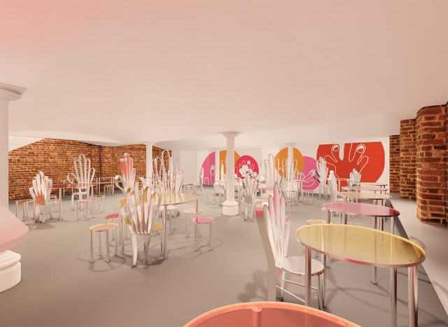 A architectural mock up of a brightly lit cafe with pink sunset colours and metal chairs in the shape of hands.