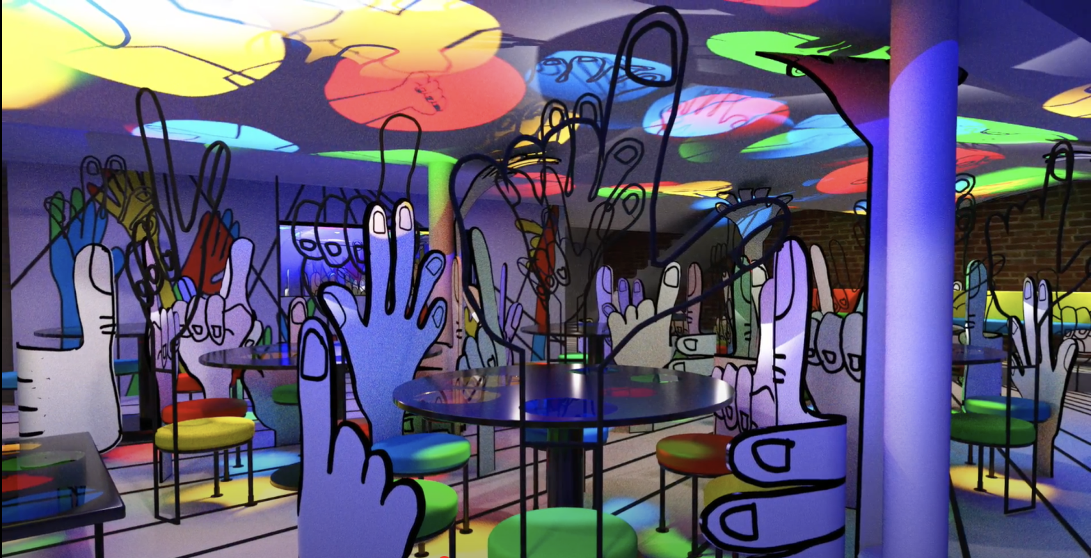A colourful drawing depicting a brightly coloured basement space decorated with spotlights, tables and chairs that looks like hands pointing lots of different directions