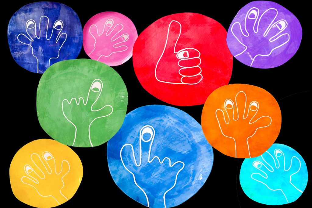 Brightly coloured spots with white hands in them are spattered across a black background. The hands wave, point, or give a thumbs up to the viewer.