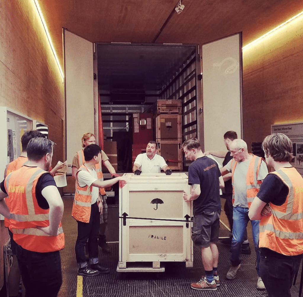 Scot and the team unloading crated artworks by Kiki Smith, 2019. Photograph courtesy of Emma Titcombe.