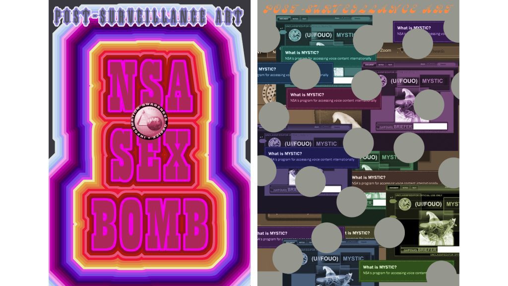 Two posters from Suzanne Treister, Post‑Surveillance Art (2014) series. The first is brightly coloured rainbow stripes around text that reads: NSA SEX BOMB, POST SURVEILLANCE ART. The other is a series of screenshot and questions in duller purples, greens and browns with grey circles over the top as if things are being redacted.