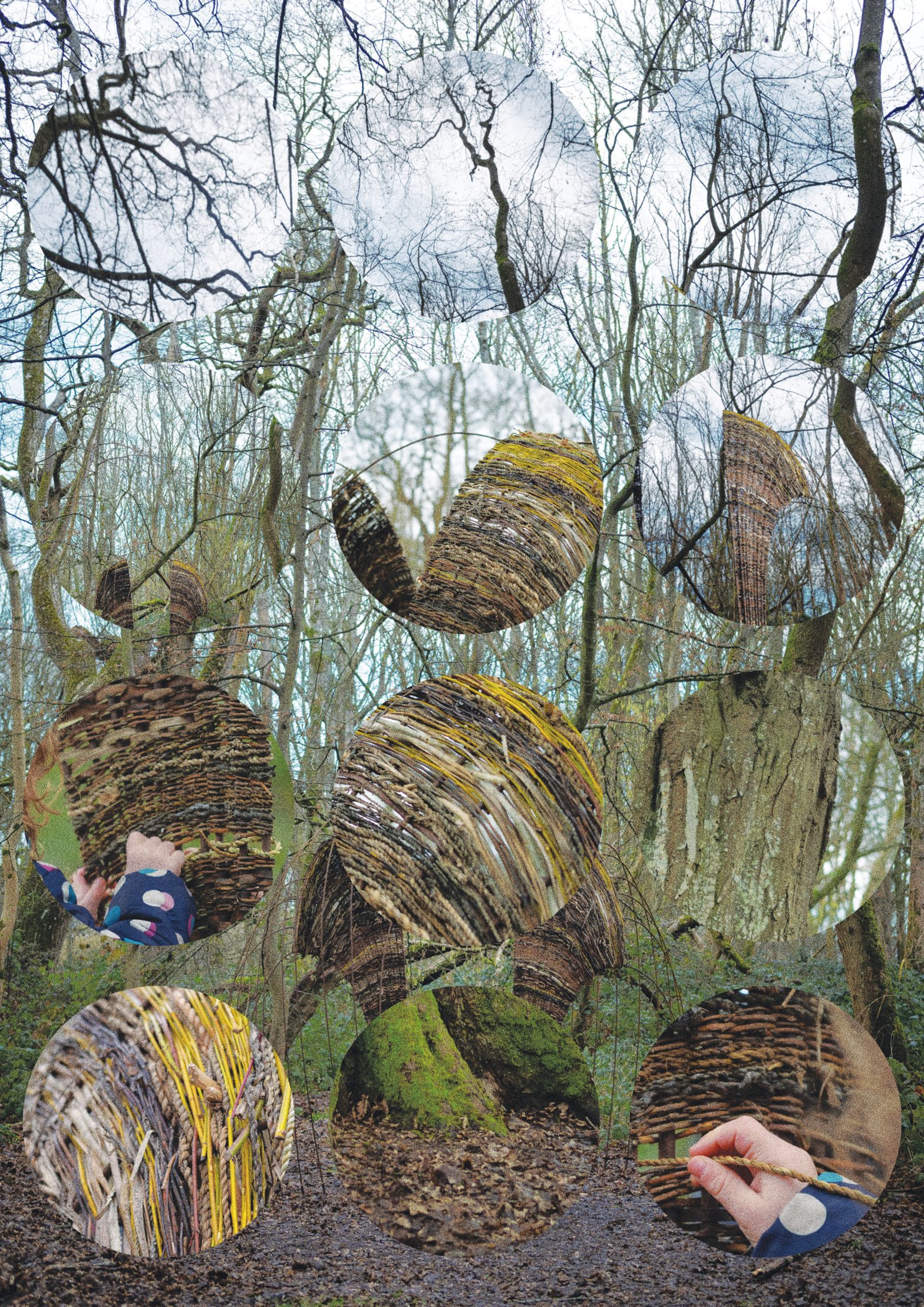 A photo of a forest overlayed with close up photos of people weaving in the forest.