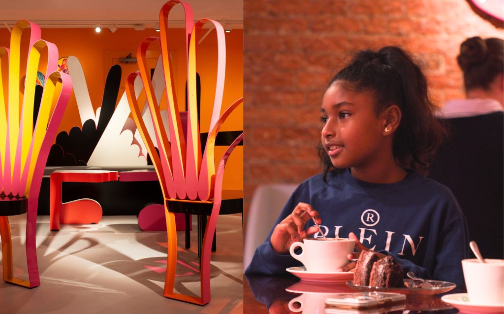 Two images. One image shows the cafe of Modern Art Oxford, designed by Emma Hart. It is bright and colourful with chairs shaped like hands. The other images shows a young girl enjoying a hot chocolate in the café.